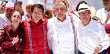 Claudia Sheinbaum, Mario Delgado, Adán Augusto López y Ricardo Monreal, el pasado 26 de junio en un mitin en Coahuila/