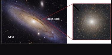 El panel izquierdo muestra una imagen de campo amplio de M31 con el cuadro rojo y un recuadro que muestra la ubicación y la imagen de B023-G78 donde se encontró el agujero negro.