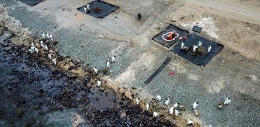 Imagen aérea de las labores de limpieza en el vertido de petróleo de Repsol en las playas de Ancón, región de Lima, Perú, este viernes 28 de enero.