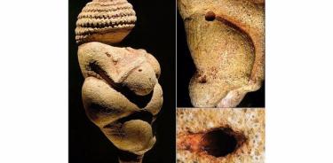 La Venus original de Willendorf. Izquierda: vista lateral. Arriba a la derecha: cavidades hemisféricas en el muslo y la pierna derechos. Abajo a la derecha: orificio existente agrandado para formar el ombligo.
