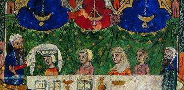 Miniatura medieval procedente de Barcelona y conservada en la British Library de Londres que refleja la celebración de un rito judío