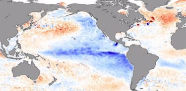 Anomalía fría de temperatura en el Pacífico motivada por La Niña.