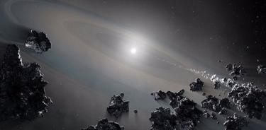 Recreación de una estrella enana blanca extrayendo desechos de objetos destrozados en un sistema planetario.