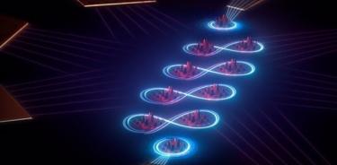 Impresión de un artista del interior del circuito integrado cuántico que modela la cadena de carbono. Los átomos de carbono simulados están en rojo, mientras que el azul representa los electrones intercambiados entre ellos.