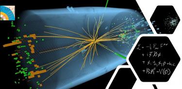 Imagen digital de la colisión de partículas y su decaimiento, que en este caso corresponde al Bosón de Higgs, pieza fundamental del Modelo Estándar de la física de partículas (ecuación en el recuadro).