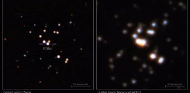 Comparación de la imagen de la estrella más masiva conocida con Gemini Sur y con Hubble (derecha).