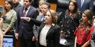 Yasmín Esquivel Mossa cuando tomó protesta como ministra de la Suprema Corte de Justicia de la Nación en el Senado de la República. Propuesta por el Presidente López Obrador, hubo oposición a que tomara el cargo.