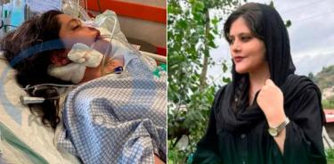 Mahsa Amini, la joven asesinada por la policía moral iraní, en una imagen personal a la derecha y en el hospital esta semana a la izquierda.