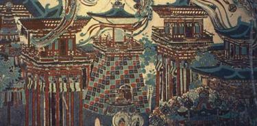 Arquitectura del estilo de la dinastía T'ang, de un fresco de las Gritas de Mogao que describe la tierra budista.