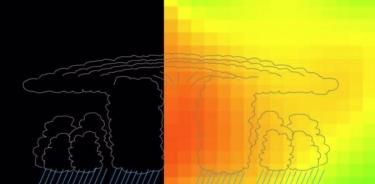 Las áreas más rojas son aire caliente a baja presión y las áreas verdes son aire más frío a alta presión.