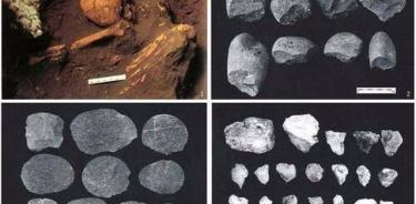 Los restos humanos precerámicos de la Cueva No. 5 (1) y las herramientas  representativas de la capa precerámica, incluidas para cortar adoquines (2), lascas (3) y líticas de material fino de cuarzo (4) de Xiaoma.