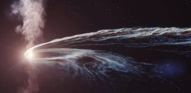 Ilustración artística de la interrupción de las mareas donde un agujero negro supermasivo se espaguetiza y engulle una estrella. Parte del material no es consumido por el agujero negro y es expulsado al espacio.