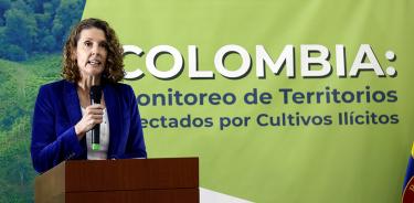 Candice Welsch, directora de la UNODC para la región Andina y el Cono Sur, habla sobre la política antidroga de Colombia, este jueves 20 de octubre de 2022 en Bogotá.