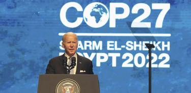 Joe Biden, durante su discurso ante la Cumbre del Clima COP27 en Sharm El Sheij, Egipto, este viernes 11 de noviembre de 2022.