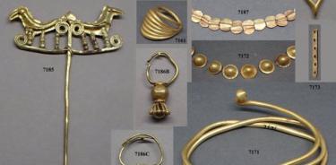 Anillos para el cabello (arriba a la izquierda), un alfiler (abajo a la izquierda), collares (centro) y una gargantilla (abajo a la derecha) se encontraban entre un total de 26 objetos de oro de Poliochni en Lemnos examinados por el equipo.