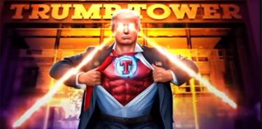 Trump, caracterizado como superhéroe y disparando láseres con los ojos, en una de las tarjetas de su nueva colección digital.