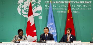 La presidenta de la Convención sobre Diversidad Biológica, Elizabeth Maruma Mrema, el presidente de la Conferencia de la ONU sobre Biodiversidad COP15, Huang Rinqiu, y el ministro de Medio Ambiente de Canadá, Steven Guilbeault, este lunes 19 de diciembre en la cumbre de Montreal.