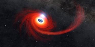 En esta ilustración, un disco de gas caliente se arremolina alrededor de un agujero negro. La corriente de gas que se extiende hacia la derecha es lo que queda de una estrella que fue desintegrada por el agujero negro.