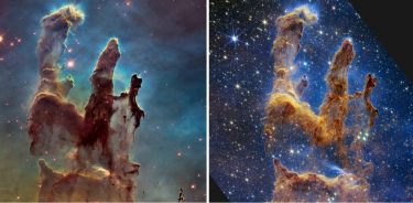 La claridad de las imágenes espaciales mejoró con la operación del telescopio James Webb. Aquí se pueden comparar fotografías de la región llamada Pilares de la Creación fotografiadas por los telescopios Hubble (izq) y James Webb (der).