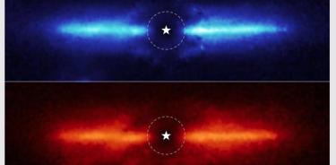 Estas dos imágenes corresponden al disco de escombros polvorientos alrededor de AU Mic, una estrella enana roja situada a 32 años-luz en la constelación austral de Microscopium.