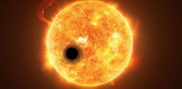 Representación artística de un exoplaneta en tránsito con una cola de helio en fuga.