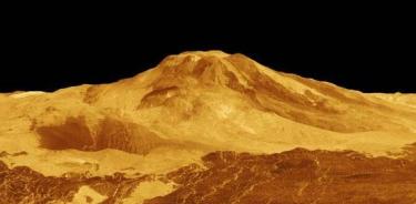 Imagen tridimensional generada por ordenador del volcán Maat Mons.