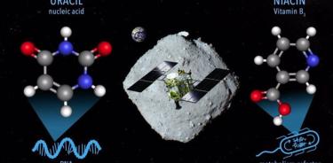 Una imagen conceptual para el muestreo de materiales en el asteroide Ryugu que contiene uracilo y niacina por la nave espacial Hayabusa2.