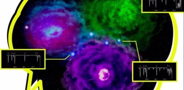 Una ilustración esquemática de esta investigación. Los eyectados de las primeras supernovas (objetos cian, verdes y morados rodeados por nubes de material expulsado) enriquecen el gas primordial de hidrógeno y helio con elementos pesados.