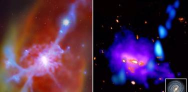 Corriente cósmica conectada a una galaxia masiva. Izquierda: simulaciones por computadora de una corriente cósmica. Derecha: observación de una corriente cósmica que fluye hacia la Galaxia del Hormiguero.