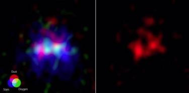 (Izquierda) El Polvo En Rojo, El Oxígeno En Verde Y La Luz De Las Estrellas Fotografiada Por El Hubble En Azul. (Derecha) Las Emisiones De Polvo De ALMA Se Muestran Solas. Una Cavidad Elíptica Alargada, Una Posible Superburbuja, Se Ve En El Centro.