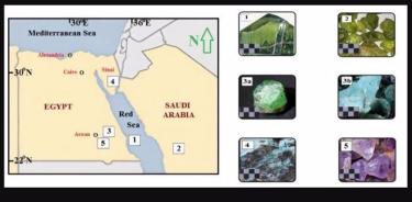 Ubicaciones de los minerales de gemas investigados de Egipto y Arabia Saudita. Se dan fotos a escala de minerales de gemas de colores.