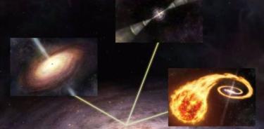 Señales de supernovas (recuadro inferior derecho), cuásares (recuadro central izquierdo) y lestallidos de rayos gamma (recuadro superior central) llegan a la Tierra en la Vía Láctea (fondo), donde podemos usarlas para medir parámetros cosmológicos.