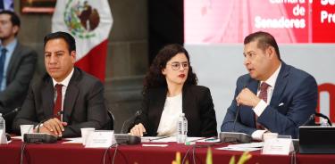 LLuisa María Alcalde, titular de Gobernación  con senadores de Morena