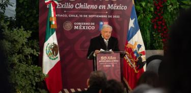 El Presidente de México, Andrés Manuel López Obrador, durante su discurso con motivo de los 50 años del exilio chileno en nuestro país
