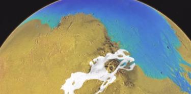 Esta imagen conceptual revela cómo pudo haber sido la región de Kasei Valles en Marte hace 3 mil millones de años. Las áreas blancas son glaciares y las azules representan el océano.