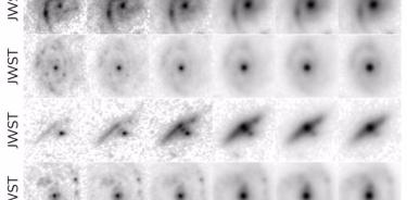 Imágenes de JWST de las galaxias similares a la Vía Láctea recién descubiertas vistas en el universo primitivo. Cada fila muestra una galaxia diferente tal como se observa en las diferentes longitudes de onda infrarrojas donde JWST toma datos de imágenes.