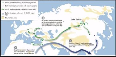 Mapa que muestra rutas migratorias teorizadas de los primeros Homo sapiens desde África a través de Eurasia.