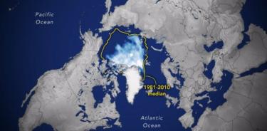 Mínimo de hielo marino en el Ártico en 2023 comparado con el promedio de 1981-2020.