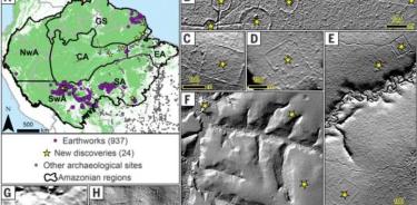 Distribución geográfica de movimientos de tierras geométricos precolombinos conocidos y recientemente descubiertos en la Amazonia.