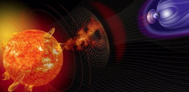 Impresión artística que representa la influencia de una erupción solar en la Tierra.