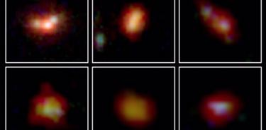 Imágenes infrarrojas JWST de 6 galaxias de 500 a 700 millones de años después del nacimiento del Universo. Las seis tienen poca abundancia de oxígeno en comparación con las galaxias modernas.