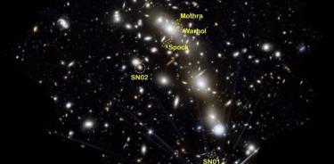 Una imagen compuesta en color de MACS0416 utilizando los datos de cuatro conjuntos de imágenes tomadas por JWST del cúmulo de galaxias durante un período de 126 días. También están marcadas las regiones donde se encuentran los transitorios.