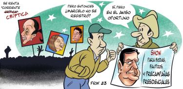 Cartón de Frik sobre los precandidatos de Morena y la ausencia de Marcelo Ebrard