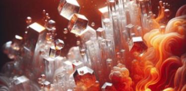 Ilustración de cristales de sílice que salen del metal líquido del núcleo externo de la Tierra debido a una reacción química inducida por el agua.