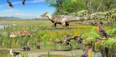 Interpretación artística de la Patagonia durante el Cretácico Superior, hace entre 66 y 78 millones de años. Los animales representados incluyen dinosaurios no avianos, aves y otros vertebrados que se han descubierto en el registro fósil de la región.