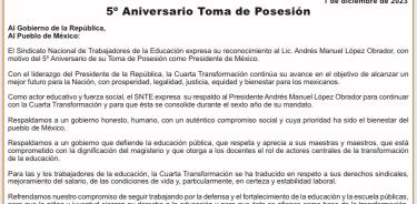 En su 5° Aniversario, el trabajo del Presidente López Obrador recibió el apoyo del SNTE.