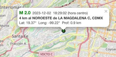 Se percibe sismo de 2.0 grados en Magdalena Contreras