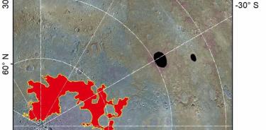 Una vista del terreno caótico del polo norte de Mercurio (Borealis Chaos) y los cráteres Raditladi y Eminescu donde se ha identificado evidencia de posibles glaciares.