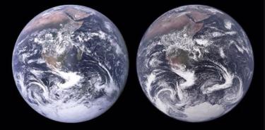 El globo de la izquierda muestra la famosa fotografía de la Tierra 