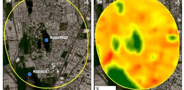 Figura 1. En la escena izquierda se muestra una imagen satelital Sentinel donde se observan lagunas interdunarias de la ciudad de Veracruz. En la escena derecha se muestra una imagen de la temperatura superficial en donde las zonas más calientes son las más cercanas al rojo y las más frías las más cercanas al verde.